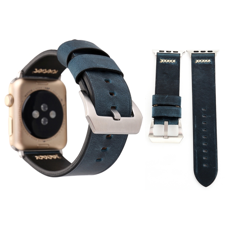 For Apple Watch Ultra 49mm&Watch Ultra 2 49mm / Series 10 46mm / 9&8&7 45mm / SE 3&SE 2&6&SE&5&4 44mm / 3&2&1 42mm Retro XX Line Pattern Genuine Leather Wrist Watch Band(Blue)