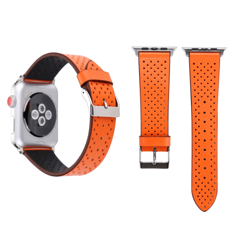 For Apple Watch Ultra 49mm&Watch Ultra 2 49mm / Series 10 46mm / 9&8&7 45mm / SE 3&SE 2&6&SE&5&4 44mm / 3&2&1 42mm Simple Fashion Genuine Leather Hole Pattern Watch Band(Orange)