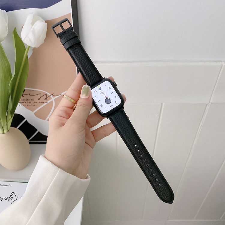 For Apple Watch Ultra 49mm&Watch Ultra 2 49mm / Series 9&8&7 45mm / SE 3&SE 2&6&SE&5&4 44mm / 3&2&1 42mm Sewing Thread Lychee Texture Leather Watch Band(Black)