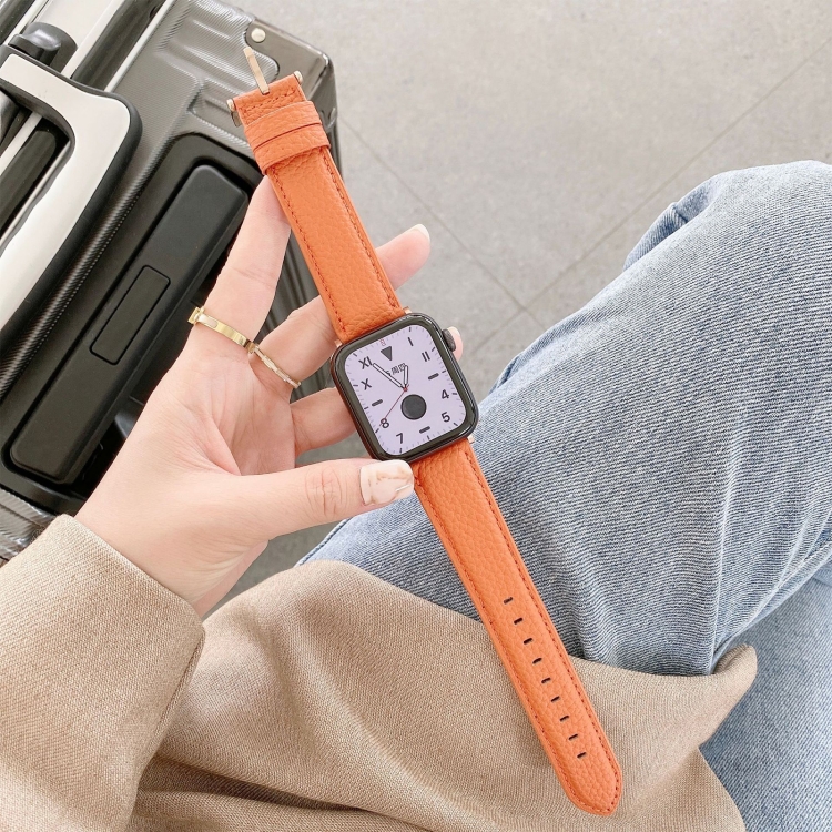For Apple Watch Ultra 49mm&Watch Ultra 2 49mm / Series 9&8&7 45mm / SE 3&SE 2&6&SE&5&4 44mm / 3&2&1 42mm Sewing Thread Lychee Texture Leather Watch Band(Orange)