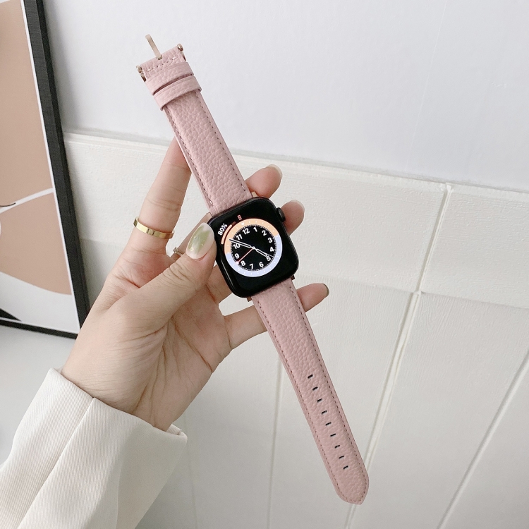 For Apple Watch Ultra 49mm&Watch Ultra 2 49mm / Series 9&8&7 45mm / SE 3&SE 2&6&SE&5&4 44mm / 3&2&1 42mm Sewing Thread Lychee Texture Leather Watch Band(Pink)