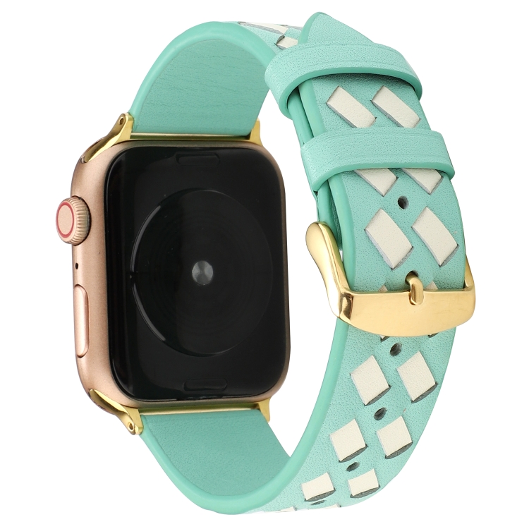 For Apple Watch Ultra 49mm&Watch Ultra 2 49mm / Series 9&8&7 45mm / SE 3&SE 2&6&SE&5&4 44mm / 3&2&1 42mm Woven Pattern Genuine Leather Strap(Green White)
