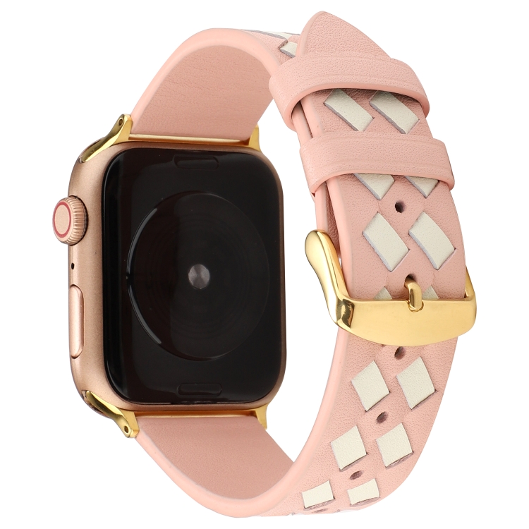 For Apple Watch Ultra 49mm&Watch Ultra 2 49mm / Series 9&8&7 45mm / SE 3&SE 2&6&SE&5&4 44mm / 3&2&1 42mm Woven Pattern Genuine Leather Strap(Pink White)