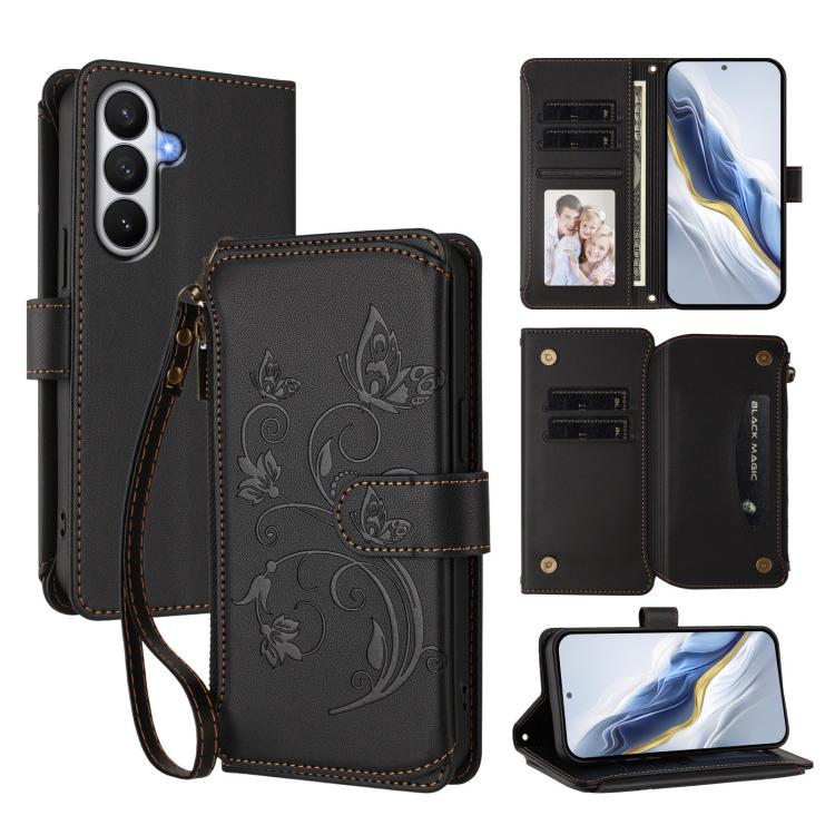 For Galaxy S26 5G Butterfly Love Flower Multi-card Zipper Wallet Leather Phone Case(Black)