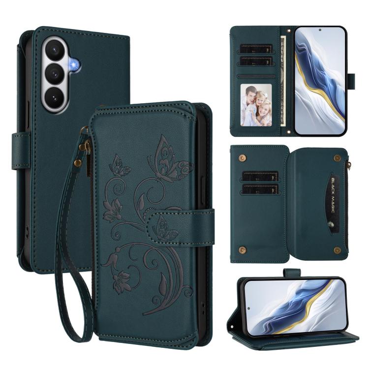 For Galaxy S26 5G Butterfly Love Flower Multi-card Zipper Wallet Leather Phone Case(Dark Green)