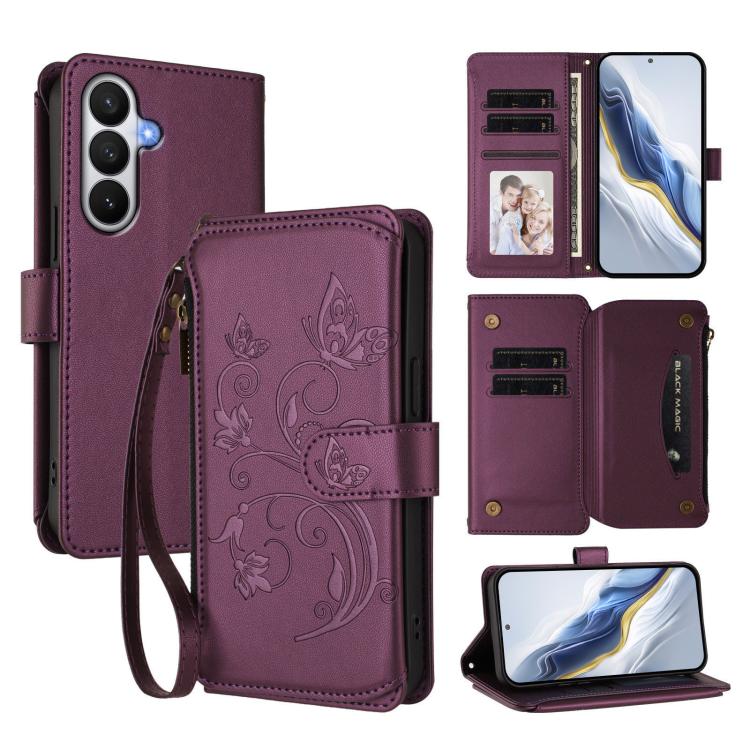 For Galaxy S26 5G Butterfly Love Flower Multi-card Zipper Wallet Leather Phone Case(Dark Purple)