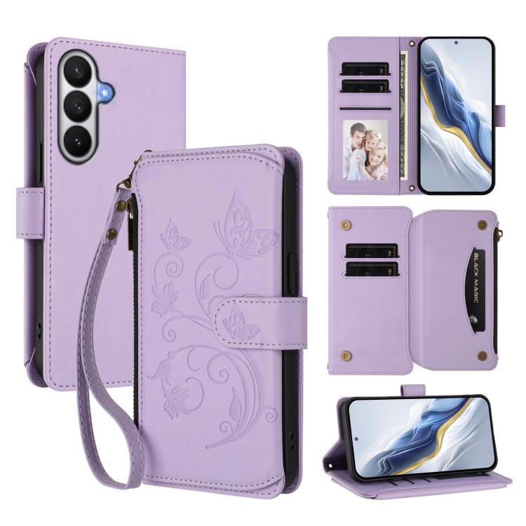 For Galaxy S26 5G Butterfly Love Flower Multi-card Zipper Wallet Leather Phone Case(Light Purple)