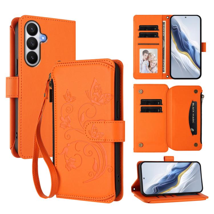 For Galaxy S26 5G Butterfly Love Flower Multi-card Zipper Wallet Leather Phone Case(Orange)