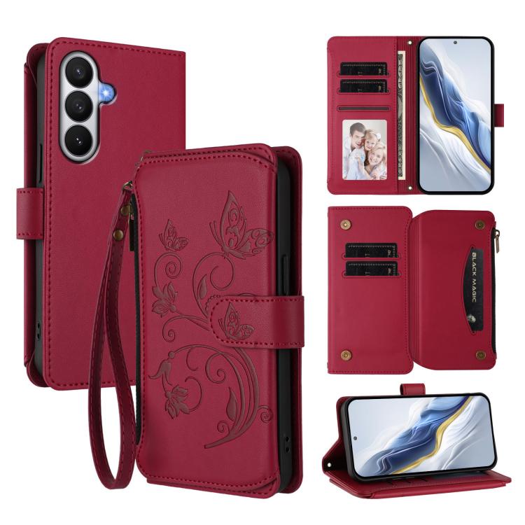 For Galaxy S26 5G Butterfly Love Flower Multi-card Zipper Wallet Leather Phone Case(Wine Red)