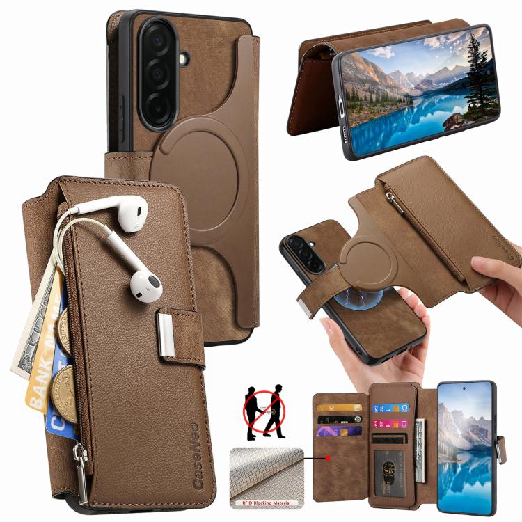 For Galaxy S26 5G CaseNeo MagSafe RFID Anti-theft Zipper Wallet Retro Leather Phone Case(Brown)
