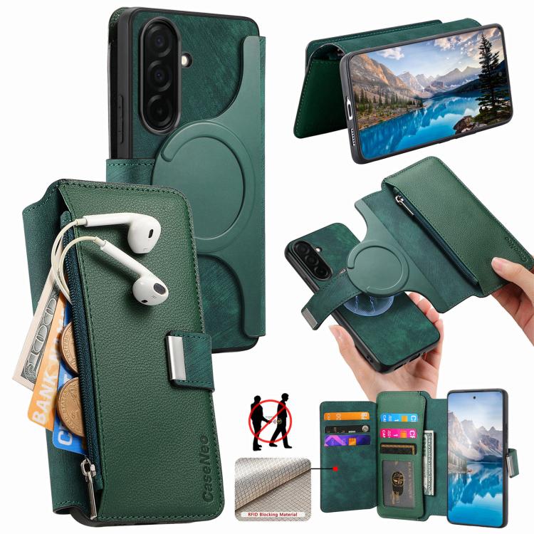 For Galaxy S26 5G CaseNeo MagSafe RFID Anti-theft Zipper Wallet Retro Leather Phone Case(Green)