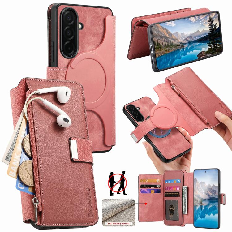 For Galaxy S26 5G CaseNeo MagSafe RFID Anti-theft Zipper Wallet Retro Leather Phone Case(Pink)