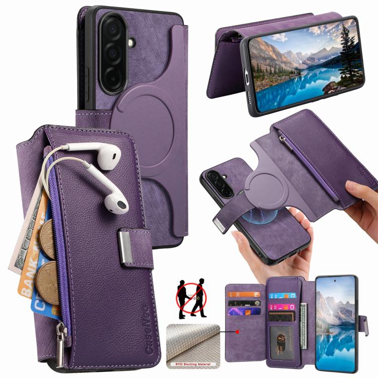 For Galaxy S26 5G CaseNeo MagSafe RFID Anti-theft Zipper Wallet Retro Leather Phone Case(Purple)