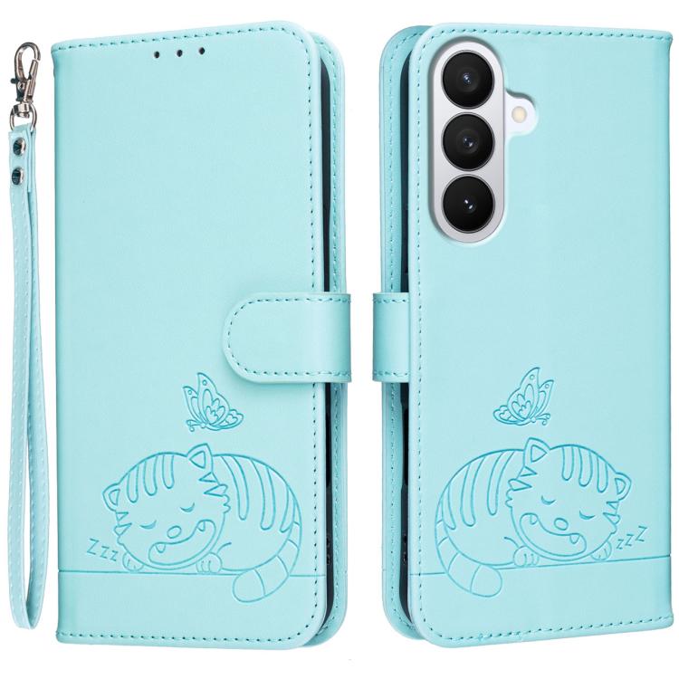 For Galaxy S26 5G Cat Butterfly Embossed RFID Vegan Leather Phone Case with Strap(Light Green)