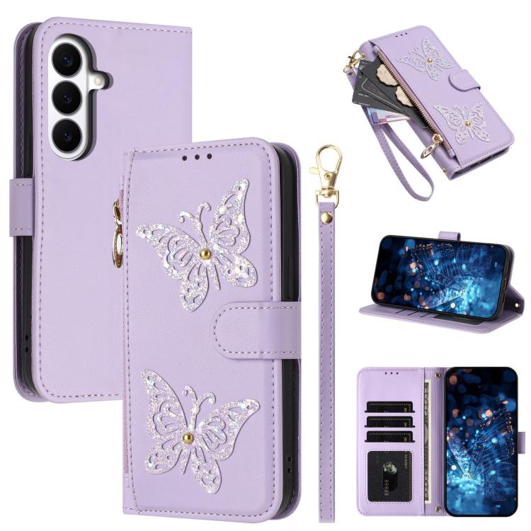For Galaxy S26 5G Glitter Butterfly Zipper Vegan Leather Phone Case with Wrist Strap(Purple)
