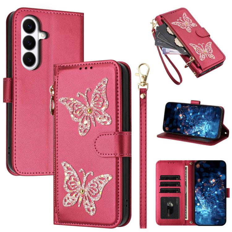 For Galaxy S26 5G Glitter Butterfly Zipper Vegan Leather Phone Case with Wrist Strap(Rose Red)