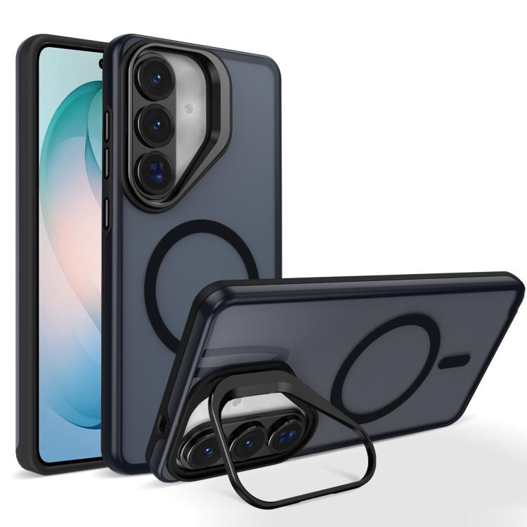For Galaxy S26 5G Metal Camera Holder Skin Matte Magnetic Phone Case(Black)