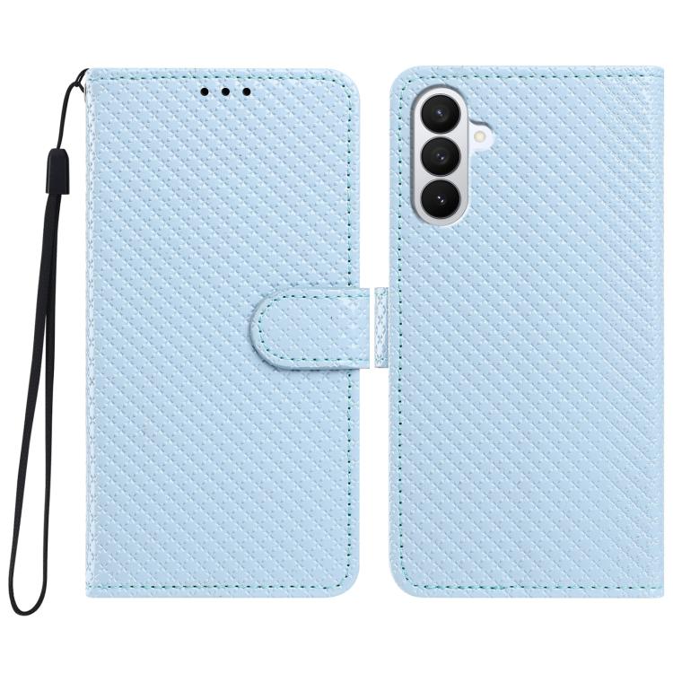 For Galaxy S26 5G Mirrored Buckle Vegan Leather Phone Case with Small Black Cord(Blue)