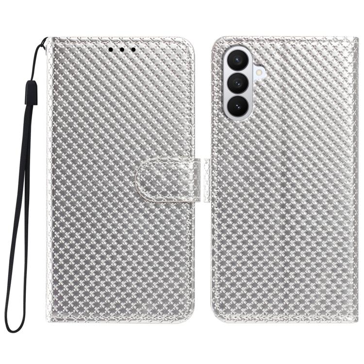 For Galaxy S26 5G Mirrored Buckle Vegan Leather Phone Case with Small Black Cord(Silver)