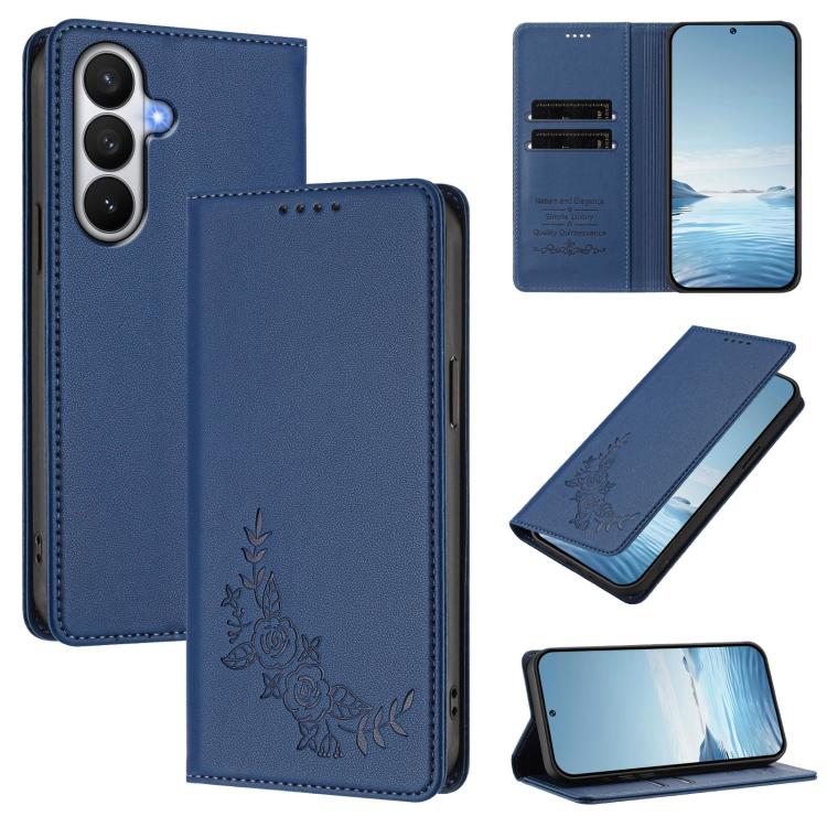 For Galaxy S26 5G Peony Embossed Magnetic RFID Vegan Leather Phone Case(Dark Blue)