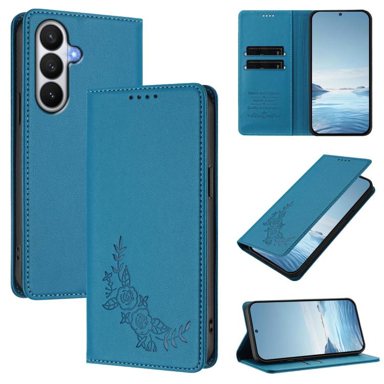 For Galaxy S26 5G Peony Embossed Magnetic RFID Vegan Leather Phone Case(Lake Blue)