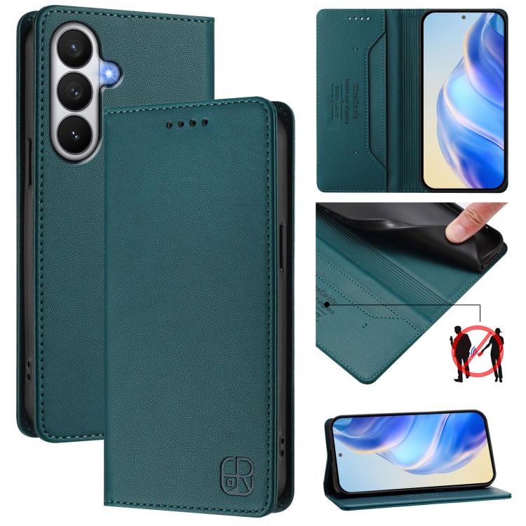 For Galaxy S26 5G RC01 Dual-Folded Magnetic Suction RFID Leather Phone Case(Dark Green)