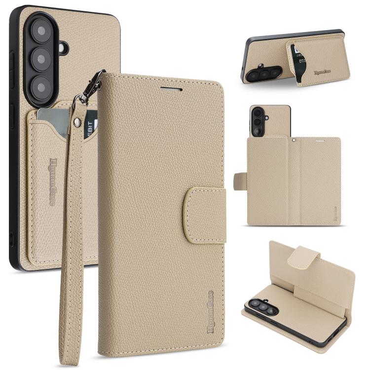 For Galaxy S26 5G Retro Litchi Texture Vegan Leather Magnetic Wallet Phone Case with Wrist Strap(Apricot Yellow)