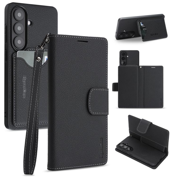 For Galaxy S26 5G Retro Litchi Texture Vegan Leather Magnetic Wallet Phone Case with Wrist Strap(Black)