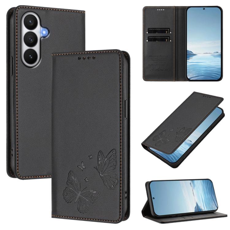 For Galaxy S26 5G Strong Magnetic Dual Butterfly RFID Vegan Leather Phone Case(Black)