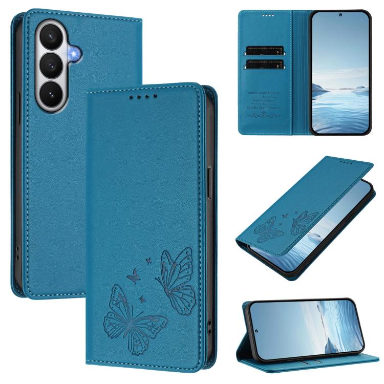 For Galaxy S26 5G Strong Magnetic Dual Butterfly RFID Vegan Leather Phone Case(Lake Blue)
