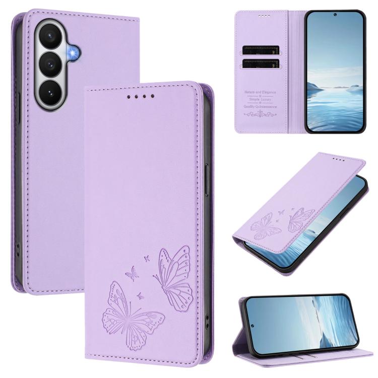 For Galaxy S26 5G Strong Magnetic Dual Butterfly RFID Vegan Leather Phone Case(Light Purple)