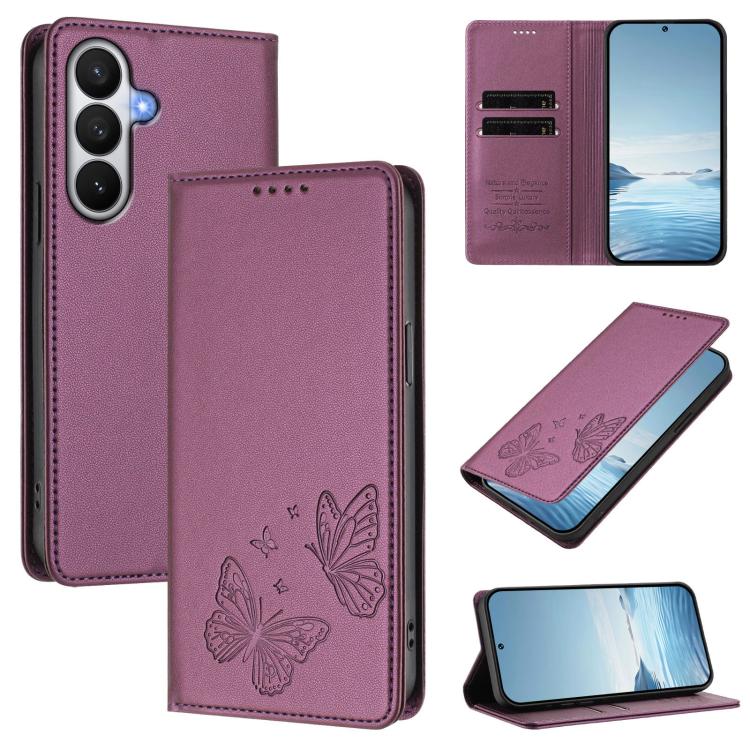 For Galaxy S26 5G Strong Magnetic Dual Butterfly RFID Vegan Leather Phone Case(Violet Purple)