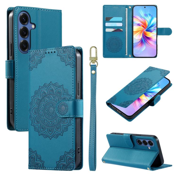 For Galaxy S26 5G Totem Embossed Magnetic Closure Vegan Leather Phone Case with Strap(Blue)