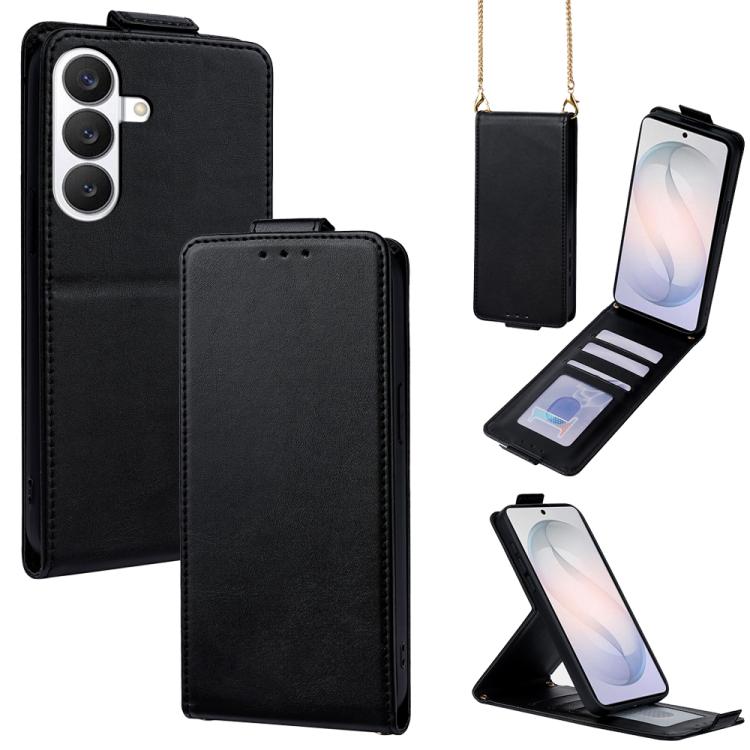 For Galaxy S26 5G Vertical Flip Cover Solid Color Vegan Leather Phone Case with Crossbody Chain(Black)