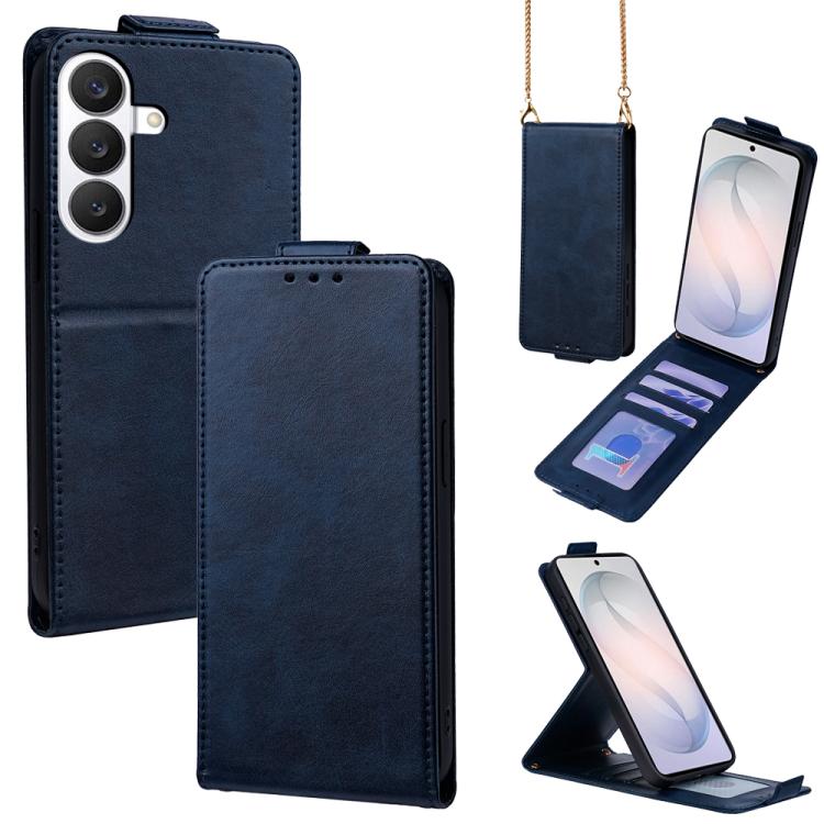 For Galaxy S26 5G Vertical Flip Cover Solid Color Vegan Leather Phone Case with Crossbody Chain(Blue)
