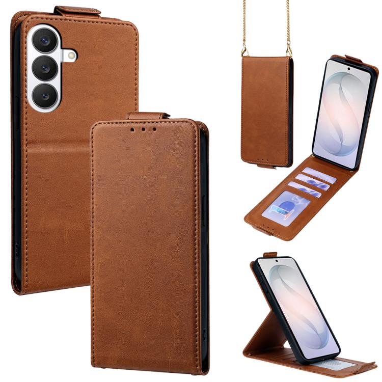 For Galaxy S26 5G Vertical Flip Cover Solid Color Vegan Leather Phone Case with Crossbody Chain(Brown)