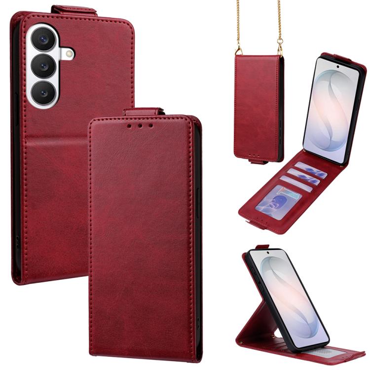 For Galaxy S26 5G Vertical Flip Cover Solid Color Vegan Leather Phone Case with Crossbody Chain(Red)