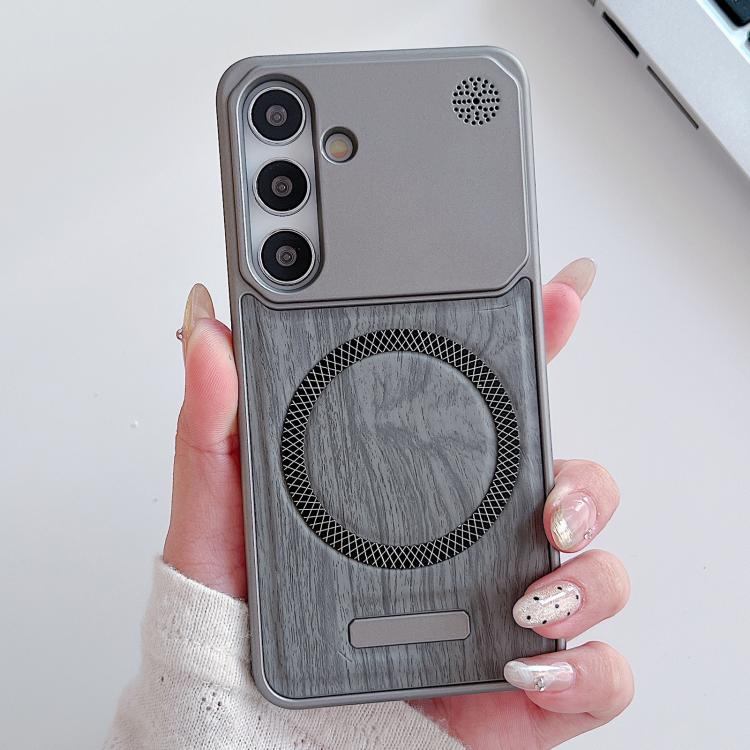 For Galaxy S26 5G Wood Grain Magnetic PC Shockproof Phone Case(Light Gray)