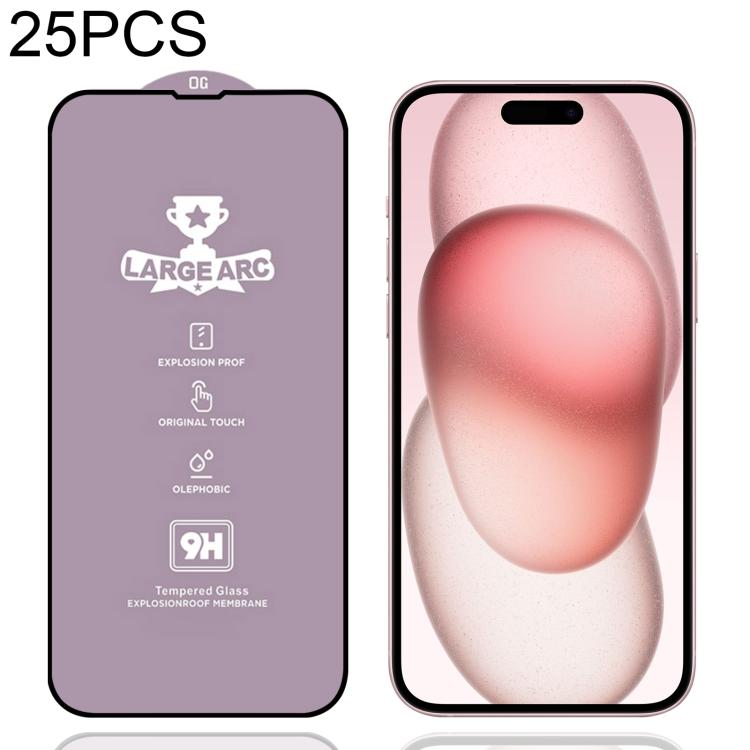 For iPhone 16 / 15 25pcs 9H 0.4mm High Aluminum Large Arc Tempered Glass Film