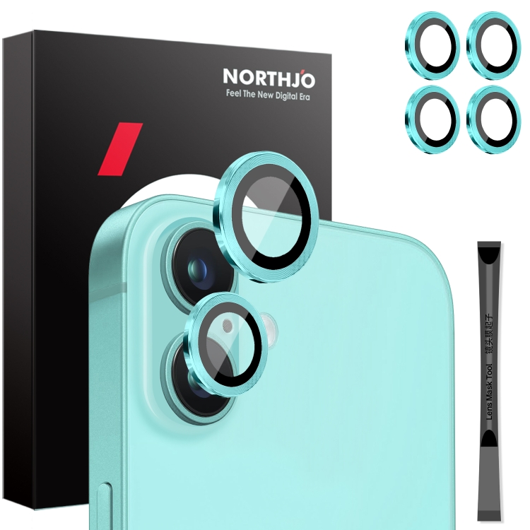 For iPhone 16 / 16 Plus NORTHJO 2 Sets 4pcs Camera Lens Protector Cover Metal Ring Film(Cyan)