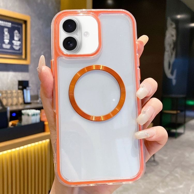 For iPhone 16 3 in 1 Airbag CD Texture MagSafe Phone Case(Orange)