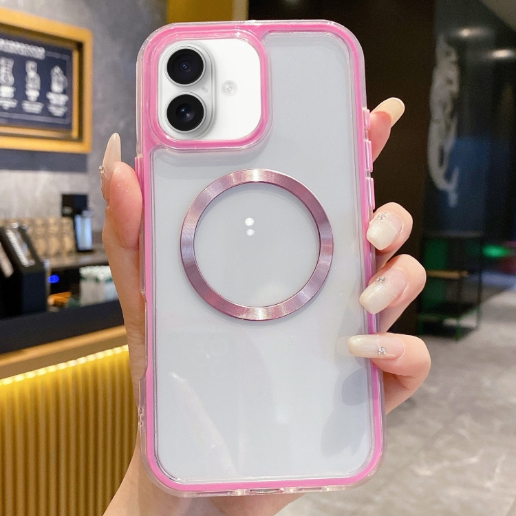 For iPhone 16 3 in 1 Airbag CD Texture MagSafe Phone Case(Pink)