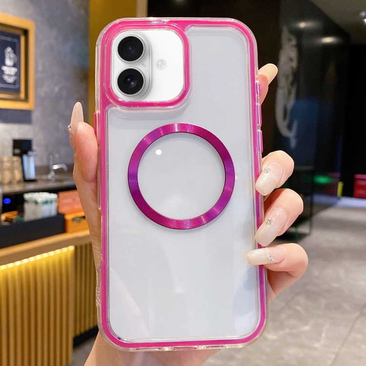 For iPhone 16 3 in 1 Airbag CD Texture MagSafe Phone Case(Rose Red)