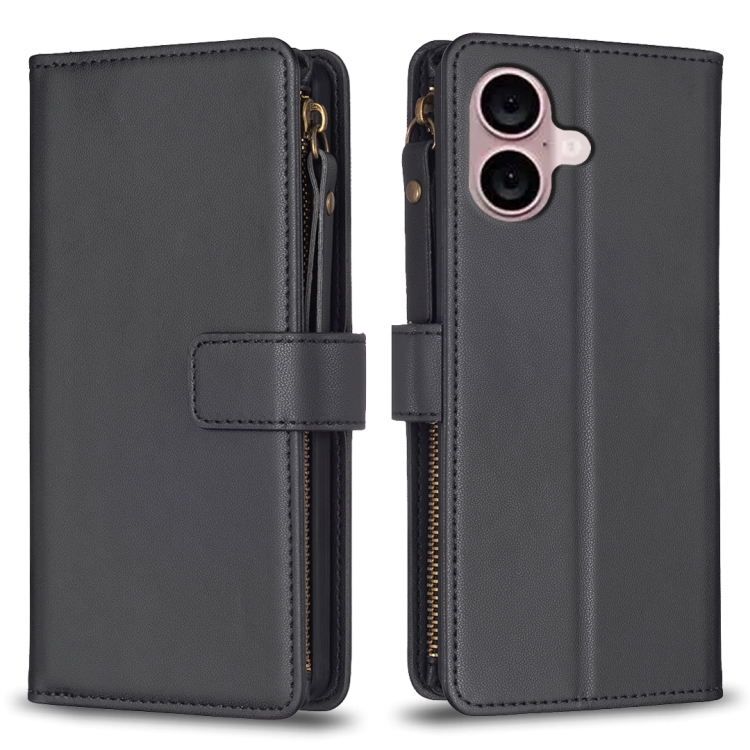 For iPhone 16 9 Card Slots Zipper Wallet Leather Flip Phone Case(Black)
