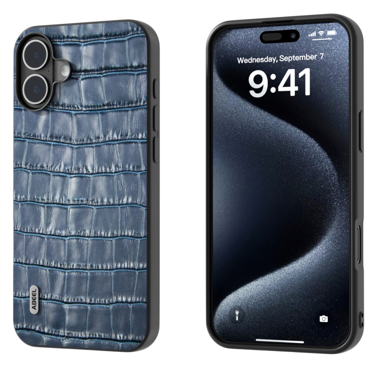 For iPhone 16 ABEEL Crocodile Texture Genuine Leather Phone Case(Blue)