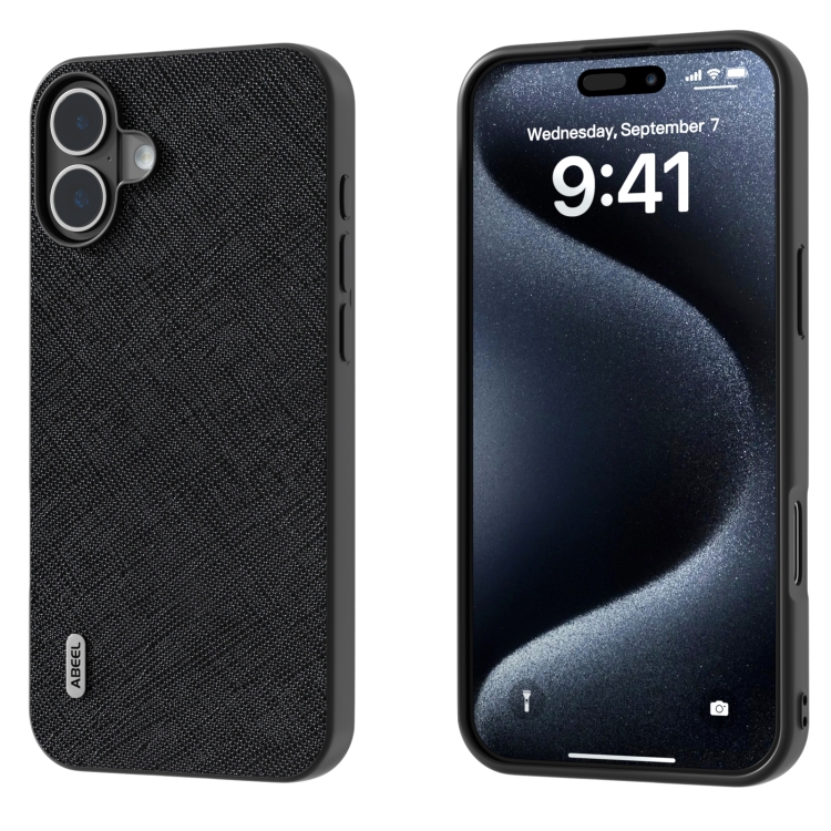 For iPhone 16 ABEEL Cross Texture Genuine Leather Phone Case(Black)