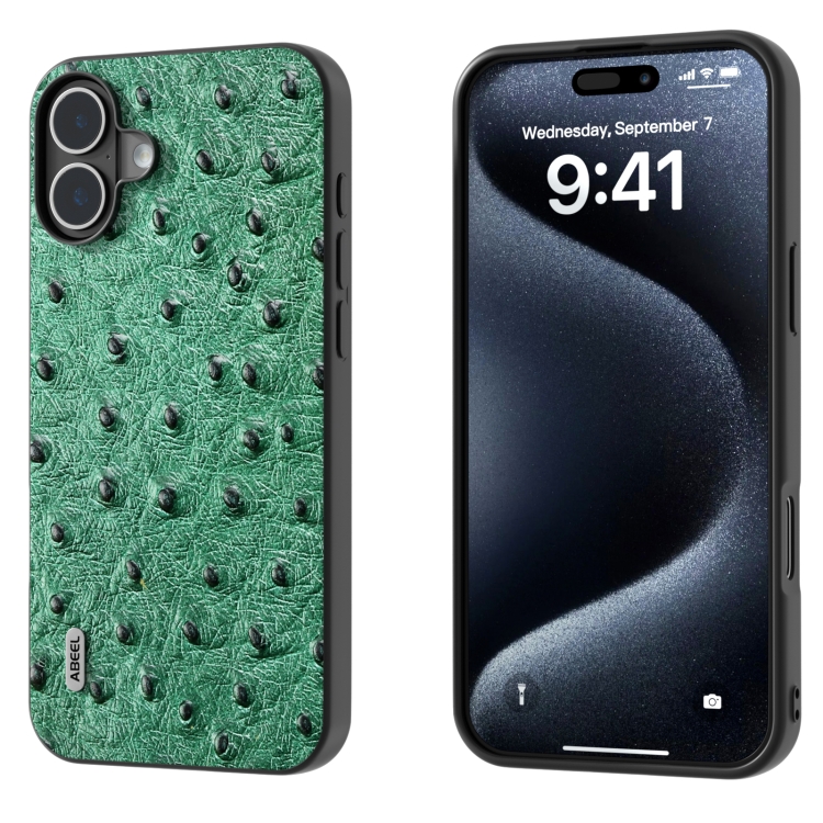 For iPhone 16 ABEEL Genuine Leather Ostrich Texture Phone Case(Green)
