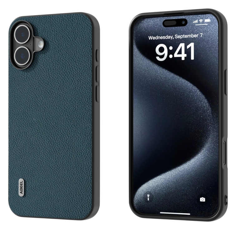 For iPhone 16 ABEEL Genuine Leather + PC Litchi Texture Phone Case(Green)