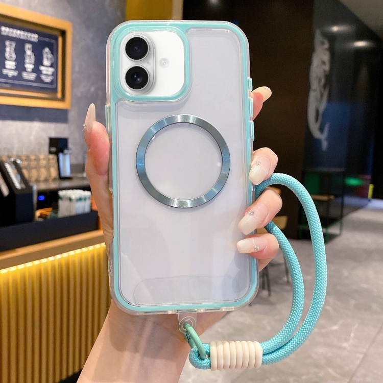 For iPhone 16 Airbag 3 in 1 CD Texture MagSafe Phone Case with Strap(Mint Green)