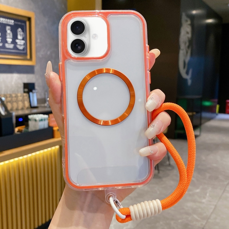 For iPhone 16 Airbag 3 in 1 CD Texture MagSafe Phone Case with Strap(Orange)